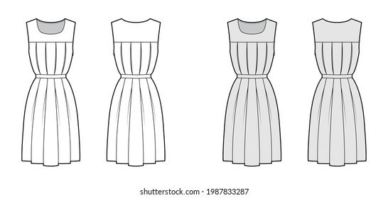 Dress gymslip technical fashion illustration with sleeveless, knee length A-line skirt, pleats. Flat girls school uniform apparel front, back, white, grey color style. Women, men unisex CAD mockup
