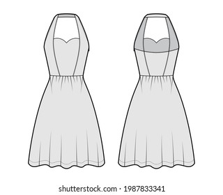 Dress halterneck technical fashion illustration with sleeveless, fitted body, knee semi-circular length skirt. Flat apparel front, back, grey color style. Women, men unisex CAD mockup