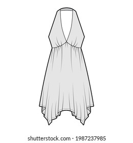 Dress handkerchief hem chemise technical fashion illustration with sleeveless, empire seam halter neckline, circular skirt. Flat apparel front, grey color style. Women, men unisex CAD mockup