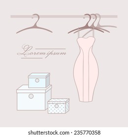 Dress with hangers in wardrobe. Greeting card template