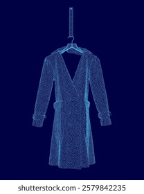 Dress hanging on a clothes hanger. The dress is blue and has a pattern.