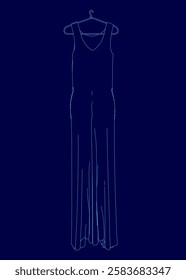 A dress is hanging on a clothes hanger. The dress is long and blue. The dress is a silhouette of a woman