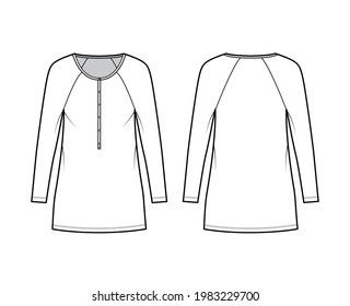 Dress henley collar technical fashion illustration with long raglan sleeves, oversized body, mini length pencil skirt. Flat apparel front, back, white color style. Women, men unisex CAD mockup