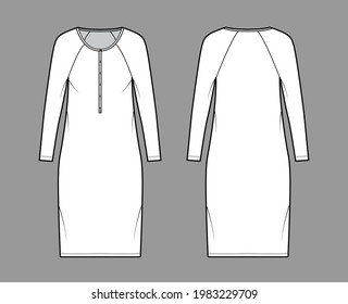 Dress henley collar technical fashion illustration with long raglan sleeves, oversized body, knee length pencil skirt. Flat apparel front, back, white color style. Women, men unisex CAD mockup