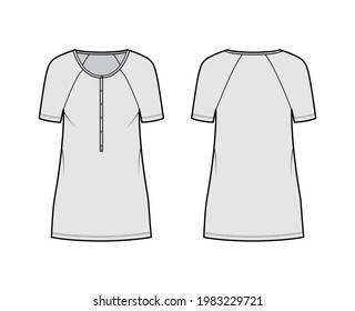 Dress henley collar technical fashion illustration with short raglan sleeves, oversized body, mini length pencil skirt. Flat apparel front, back, grey color style. Women, men unisex CAD mockup