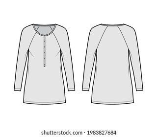 Ilustración técnica de la moda del collarín de la ropa con mangas largas de raglan, cuerpo sobredimensionado, minifalda de lápiz de longitud reducida. Delantero de ropa plana, detrás, color gris. Mujeres, hombres unisex CAD mockup