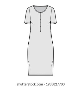 Dress henley collar technical fashion illustration with short sleeves, oversized body, knee length pencil skirt. Flat apparel front, grey color style. Women, men unisex CAD mockup