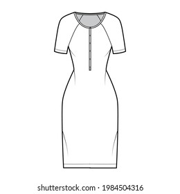 Dress henley collar technical fashion illustration with short raglan sleeves, fitted body, knee length pencil skirt. Flat apparel front, white color style. Women, men unisex CAD mockup