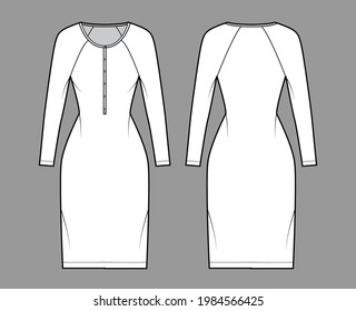 Dress henley collar technical fashion illustration with long raglan sleeves, fitted body, knee length pencil skirt. Flat apparel front, back, white color style. Women, men unisex CAD mockup