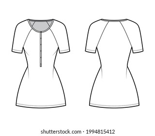 Dress henley collar technical fashion illustration with short raglan sleeves, fitted body, mini length pencil skirt. Flat apparel front, back, white color style. Women, men unisex CAD mockup