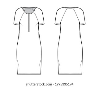 Dress henley collar technical fashion illustration with short raglan sleeves, oversized body, knee length pencil skirt. Flat apparel front, back, white color style. Women, men unisex CAD mockup