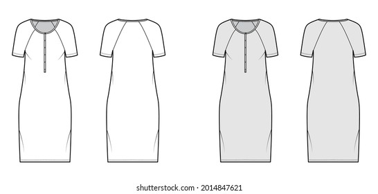 Dress henley collar technical fashion illustration with short raglan sleeves, oversized body, knee length pencil skirt. Flat apparel front, back, white, grey color style. Women, men unisex CAD mockup