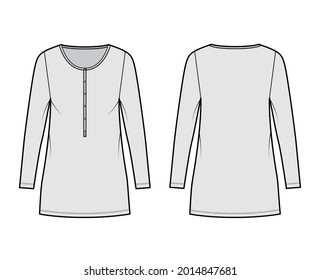 Dress henley collar technical fashion illustration with long sleeves, oversized body, mini length pencil skirt. Flat apparel front, back, grey color style. Women, men unisex CAD mockup