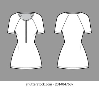 Dress henley collar technical fashion illustration with short raglan sleeves, fitted body, mini length pencil skirt. Flat apparel front, back, white color style. Women, men unisex CAD mockup