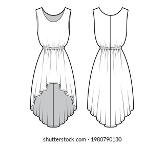 Dress high-low technical fashion illustration with sleeveless, oversized body, natural elastic waistline, circular skirt. Flat apparel front, back, white color style. Women, men unisex CAD mockup