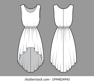 Dress high-low technical fashion illustration with sleeveless, oversized body, natural elastic waistline, circular skirt. Flat apparel front, back, white color style. Women, men unisex CAD mockup