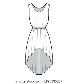 Dress high-low technical fashion illustration with sleeveless, oversized body, natural elastic waistline, circular skirt. Flat apparel front, white color style. Women, men unisex CAD mockup