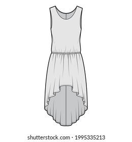 Dress high-low technical fashion illustration with sleeveless, oversized body, dropped elastic waistline, circular skirt. Flat apparel front, grey color style. Women, men unisex CAD mockup