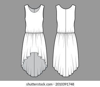 Dress high-low technical fashion illustration with sleeveless, oversized body, dropped elastic waistline, circular skirt. Flat apparel front, back, white color style. Women, men unisex CAD mockup