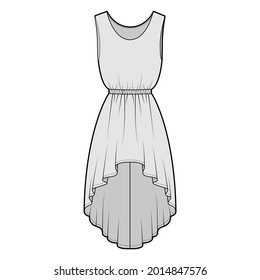 Dress high-low technical fashion illustration with sleeveless, oversized body, natural elastic waistline, circular skirt. Flat apparel front, grey color style. Women, men unisex CAD mockup