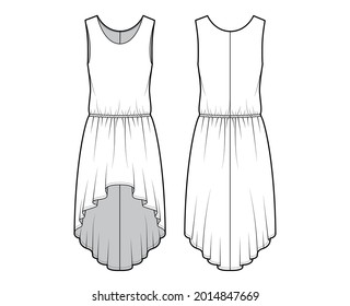 Dress high-low technical fashion illustration with sleeveless, oversized body, dropped elastic waistline, circular skirt. Flat apparel front, back, white color style. Women, men unisex CAD mockup