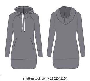 Dress with a hood. Fashionable Haute couture clothes. Winter warm clothes for women. Casual short dress, long sleeve and hooded. Pockets. Autumn and winter.Warm long sleeve sweatshirt