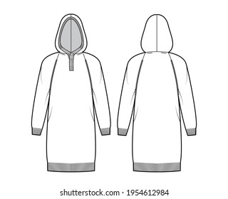 Dress Hooded Sweater technical fashion illustration with neck, long raglan sleeves, relax fit, knee length, rib trim. Flat jumper apparel front, back, white color style. Women, men unisex CAD mockup