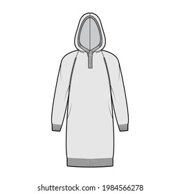 Dress Hooded Sweater technical fashion illustration with rib henley neck, long raglan sleeves, relax fit, knee length, trim. Flat jumper apparel front, grey color style. Women, men unisex CAD mockup