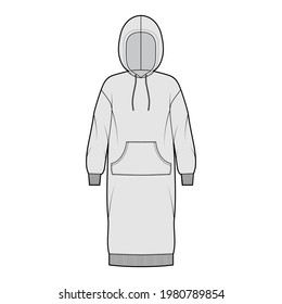Dress hoody technical fashion illustration with long sleeves, kangaroo pouch, rib cuff oversized body, knee length skirt. Flat apparel front, grey color style. Women, men unisex CAD mockup