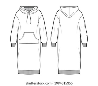 Dress hoody technical fashion illustration with long sleeves, kangaroo pouch, rib cuff oversized body, knee length skirt. Flat apparel front, back, white color style. Women, men unisex CAD mockup