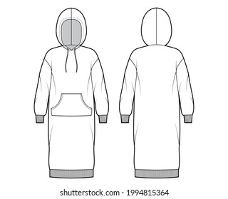 Dress hoody technical fashion illustration with long sleeves, kangaroo pouch, rib cuff oversized body, knee length skirt. Flat apparel front, back, white color style. Women, men unisex CAD mockup