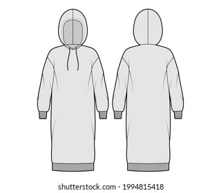 Dress hoody technical fashion illustration with long sleeves, rib cuff oversized body, knee length skirt. Flat apparel front, back, grey color style. Women, men unisex CAD mockup
