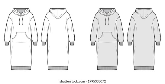 Dress hoody technical fashion illustration with long sleeves, kangaroo pouch, rib cuff oversized body, knee length skirt. Flat apparel front, back, white, grey color style. Women men unisex CAD mockup