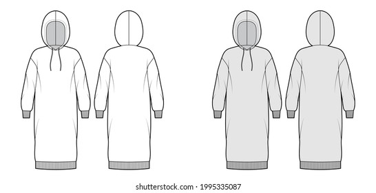 Dress hoody technical fashion illustration with long sleeves, rib cuff oversized body, knee length skirt. Flat apparel front, back, white, grey color style. Women, men unisex CAD mockup