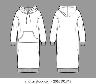 Dress hoody technical fashion illustration with long sleeves, kangaroo pouch, rib cuff oversized body, knee length skirt. Flat apparel front, back, white color style. Women, men unisex CAD mockup