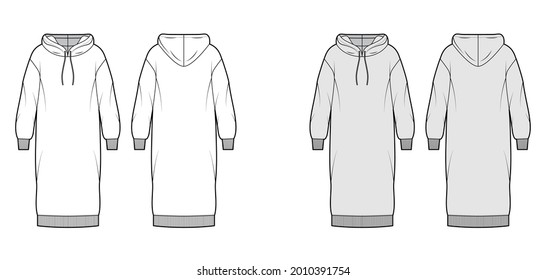 Dress hoody technical fashion illustration with long sleeves, rib cuff oversized body, knee length skirt. Flat apparel front, back, white, grey color style. Women, men unisex CAD mockup