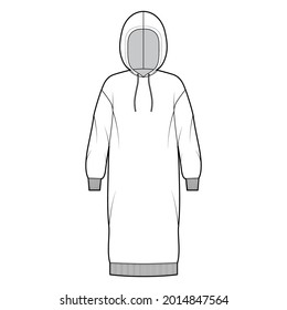 Dress hoody technical fashion illustration with long sleeves, rib cuff oversized body, knee length skirt. Flat apparel front, white color style. Women, men unisex CAD mockup