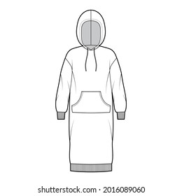 Dress hoody technical fashion illustration with long sleeves, kangaroo pouch, rib cuff oversized body, knee length skirt. Flat apparel front, white color style. Women, men unisex CAD mockup