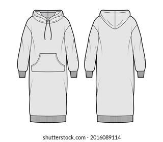 Dress hoody technical fashion illustration with long sleeves, kangaroo pouch, rib cuff oversized body, knee length skirt. Flat apparel front, back, grey color style. Women, men unisex CAD mockup