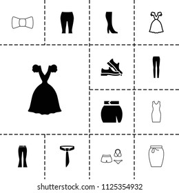 Dress icon. collection of 13 dress filled and outline icons such as woman pants, skirt, woman boot, man shoe, tie, bow tie. editable dress icons for web and mobile.