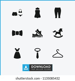 Dress icon. collection of 9 dress filled icons such as tie, skirt, man shoe, bow tie, woman pants, toy horse, hanger. editable dress icons for web and mobile.