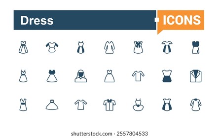 Dress icon collection. Includes icons for men, thin, wear, sweater, hanger and more. Minimalistic web and UI icons. Vector outline and solid icons collection.