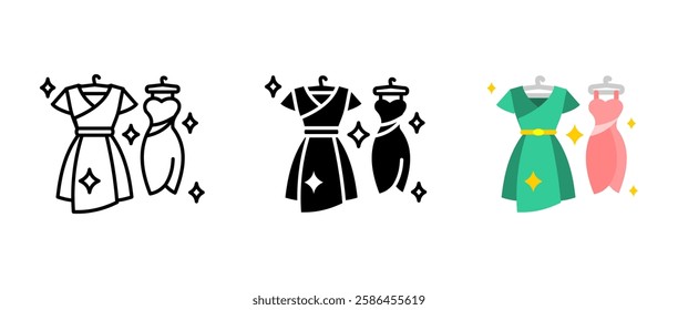 Dress icon. Fashion clothing sign. Stylish outfit symbol. Elegant apparel pictogram. Trendy wardrobe for women. Boutique and luxury fashion illustration.