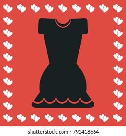 Dress icon flat. Simple black pictogram on red background with white hearts for valentines day. Vector illustration symbol