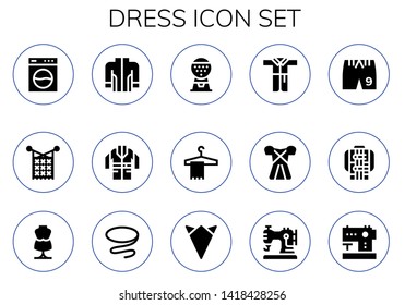 dress icon set. 15 filled dress icons.  Collection Of - Washing machine, Knit, Jacket, Machine, Hanger, Bathrobe, Dress, Shorts, Mannequin, Tie, Handkerchief, Sewing machine