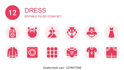 dress icon set. Collection of 12 filled dress icons included Washing machine, Knitting, Dress, Machine, Cowboy hat, Jacket, Thread, Shirt, Pants