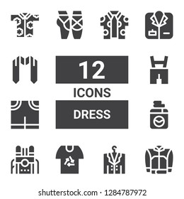 dress icon set. Collection of 12 filled dress icons included Jacket, Shirt, Machine, Washing machine, Pants, Lederhosen, Ballet, Coat, Sash