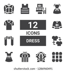 dress icon set. Collection of 12 filled dress icons included Thread, Shirt, Clothes, Dress, Sash, Jacket, Machine