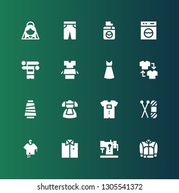 dress icon set. Collection of 16 filled dress icons included Jacket, Sewing machine, Shirt, Clothes, Knit, Baby clothes, Dress, Thread, Washing machine, Trousers, Bride