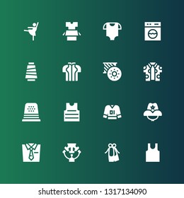 dress icon set. Collection of 16 filled dress icons included Sleeveless, Ballet, Machine, Tie, Cowboy hat, Clothes, Shirt, Thimble, Bobbin, Thread, Washing machine, Baby clothes